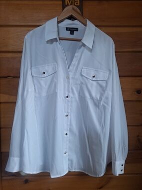 INC International Concepts White Button-Up Blouse with Chest Pockets